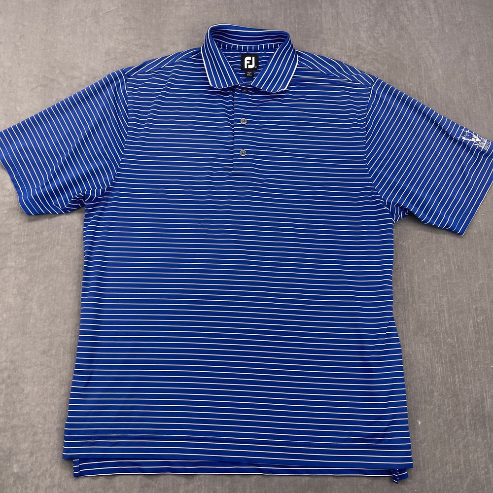 FootJoy Mens Large‎ Blue White Striped Burl Oaks Golf Club Polo Shirt